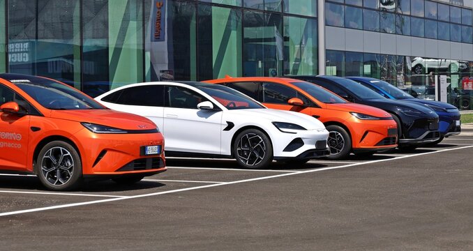 Udine, Italy. July 11, 2026. Different models of BYD in a row in front of the official dealership of the chinese electric vehicles automaker&nbsp;