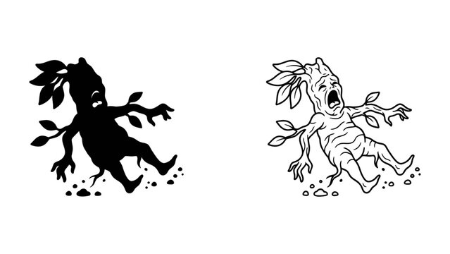 Tree Creature Panic: A distressed tree creature, resembling a mandrake, writhes in agony with its mouth open in a scream, leaves and branches flailing, as it appears to be uprooted from the ground.