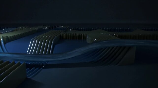Rising translucent blue ribbon flowing across ribbed terrace after initial curve, crossing fins