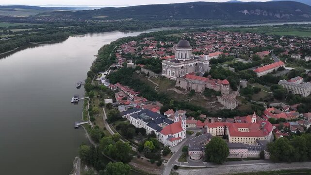 Aerial view of Basilica in Esztergom at dawn, Hungary