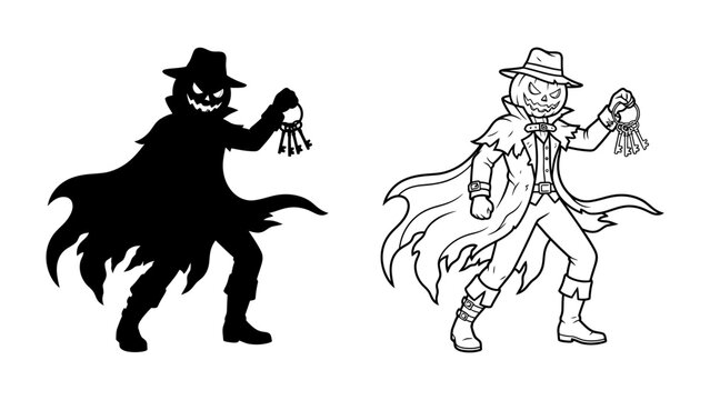 Spooky Scarecrow Duo: A sinister scarecrow illustration, depicted in both solid black silhouette and detailed line art, poses menacingly with a handful of straw.