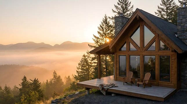 Rustic wooden cabin nestled amidst forested mountains at sunrise