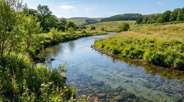 Scenic winding river through lush green countryside landscape on a sunny day