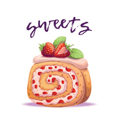 Cute colorful cartoon Swiss roll cake filled with fluffy whipped cream and decorated with whipped cream fresh strawberry and mint leaf. Sweet bakery dessert isolated on a white background. Bright © EnyaLis