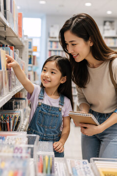 Asian woman and girl shopping for school supplies in stationery store. Mother and daughter choosing notebooks and pens. Back to school preparation and education concept.
