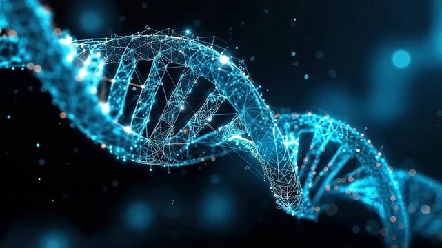 Futuristic video of a glowing neon DNA double helix rotating on a blue background. Science and biotechnology concept representing genetics, molecular biology, genomics, medicine, and innovation.
