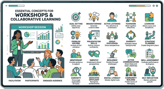 Business professionals learning concepts in a collaborative workshop setting with icons for effective communication and teamwork vector illustration