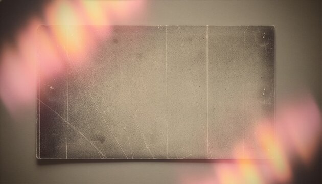 A vintage blank photograph rests on a table, bathed in dreamy pink and golden light leaks with faint scratches.