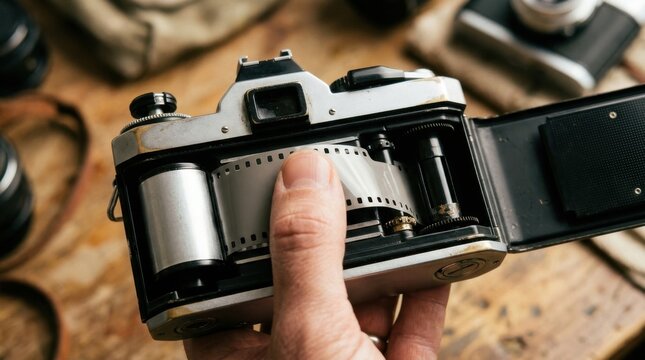 hand holding old film camera with open back showing film roll on wooden table with photography equipment