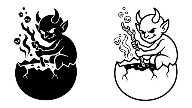 Little Devil in Eggshell: A mischievous little devil with horns and a tail emerges from a cracked eggshell, stirring a bubbling cauldron with a playful, yet wicked, grin.