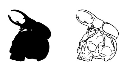 Scary Duo: A stark silhouette and line drawing depict a rhinoceros beetle perched atop a human skull, evoking a sense of macabre artistry. © Jahid