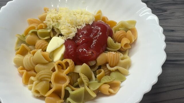 Colorful pasta topped with grated Parmesan and a swirl of ketchup, a playful quick meal, candid authentic life comfort food.