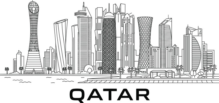 Doha Qatar city architecture skyline panoramic vector line art drawing featuring modern skyscrapers along coastal corniche waterfront