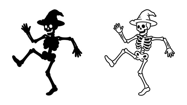 Dancing Skeletons Duo: Two cartoon skeletons, one in silhouette and the other in outline, wearing witch hats and dancing energetically with one leg raised.