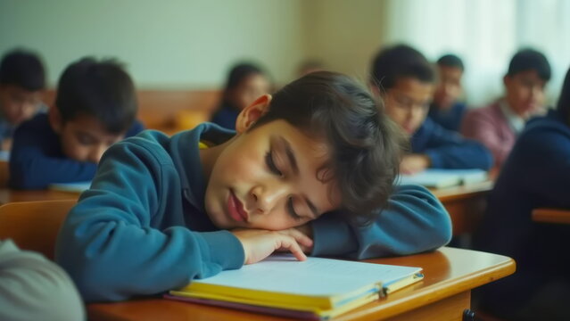 A boy in a dark blue sweater fell asleep at his desk in class.
