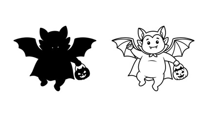 Fototapeta premium Halloween Bat with Candy Bag: A cute, cartoonish vampire bat character, depicted in both silhouette and line art, hovers in the air with outstretched wings, holding a jack-o'-lantern candy bag.