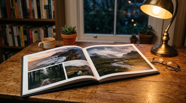 cozy study room with open photo album and warm lamp light