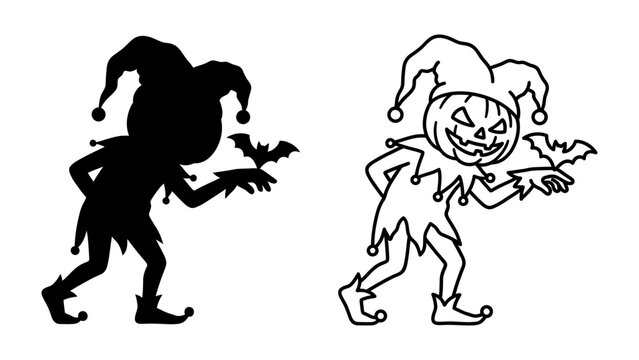 Halloween Jester with Bat Illustration: A whimsical illustration featuring a Halloween jester character, complete with a pumpkin head and jester hat, holding a small bat in its hand.