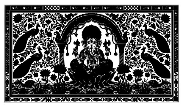 Intricate Madhubani Style Lord Ganesha with Mythological Folk Ornament Vector Illustration