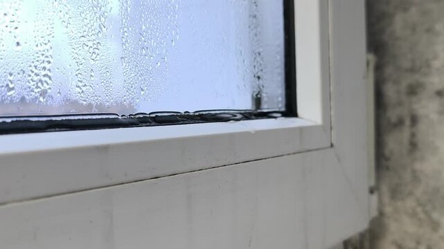Condensation completely obscures the view through a window, with countless tiny water droplets covering the surface, a sign of poor thermal insulation and air circulation.