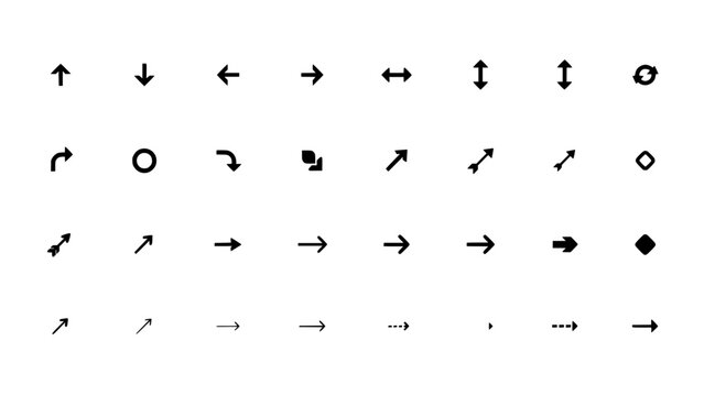 Collection of Various Black and White Arrow Icons and Symbols on White Background Featuring Icon, Set, Direction with Symbol and Navigation Elements