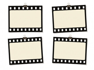 Fototapeta premium Set of four blank film strip photo frames with binder clips for mockup and overlay effect. Realistic vintage cinema movie roll frame template with shadow on white background for photography art.