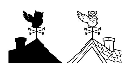 Owl Weathervane on Rooftop: A charming owl weathervane, depicted in both silhouette and line drawing, stands atop a stylized rooftop. © Raima