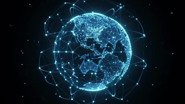 Digital 3D rotating Earth globe with global network connections and data nodes in 4K