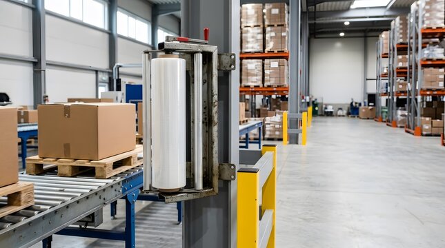 industrial stretch film dispenser mounted beside conveyor line for faster pallet packaging efficiency and warehouse shipping operations