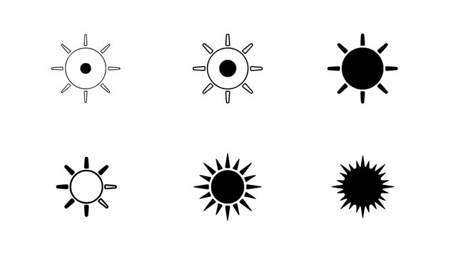 Sun Icons Collection in a 2x3 Grid, Featuring Various Styles and Fill Levels Featuring Icon, Weather, Symbol with Energy and Light Elements for Heat