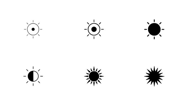 Sun Icons Collection with Varying Brightness and Styles, Arranged in a 2x3 Grid Featuring Icon, Set, Symbol with Weather and Light Elements