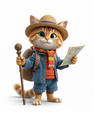 Happy cartoon cat with backpack isolated on white background 3D illustration