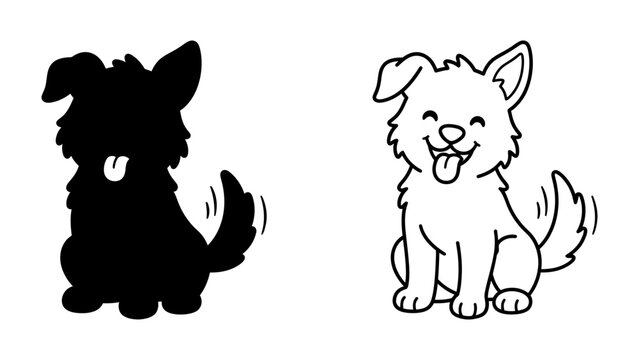Happy Dog Duo: A cheerful cartoon dog with its tongue out and a wagging tail sits happily next to its solid black silhouette, showcasing a simple, playful illustration style.