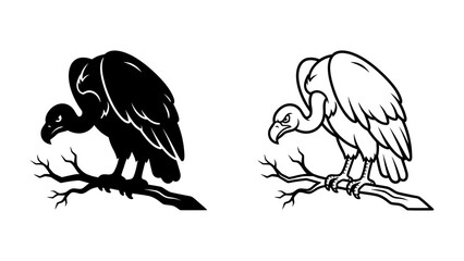 Vulture Silhouette and Line Art: Two striking depictions of a vulture perched on a branch, one in a bold black silhouette and the other in detailed line art. © Kuddus