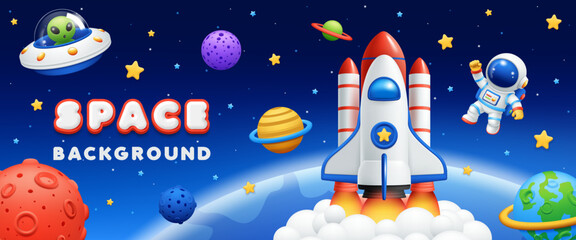 Cute 3D space background with rocket, astronaut, alien, colorful planets and stars. Fun vector illustration for kids birthday backdrop, nursery decor, banner, wallpaper, social media, web and party © Mukda