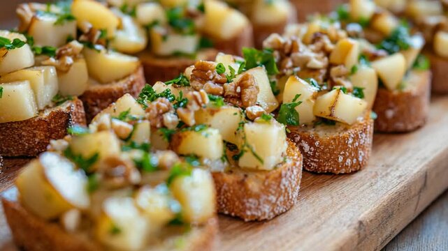 selective focus rustic bruschetta with gorgonzola pear and walnuts gourmet appetizer