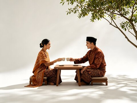 Asian couple in traditional batik attire enjoying tea at a table