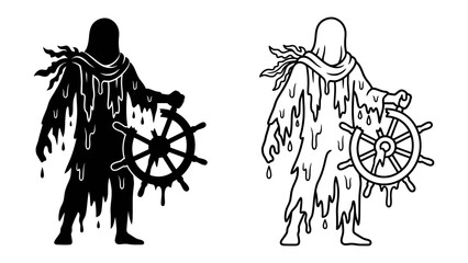 Ethereal Mariner of the Abyss: A spectral figure, dripping with dark liquid and adorned with tattered cloth, stands resolute with a ship's helm. © Takiya