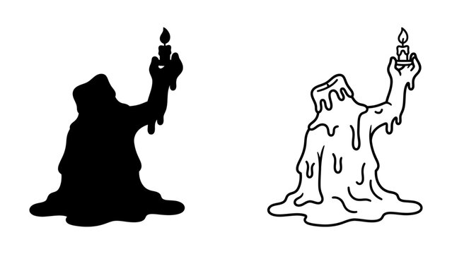 Melting Candle Figure Holding Flame: An eerie and evocative image of a melting candle figure, in both silhouette and outline, holding a single lit flame aloft, symbolizing transformation or despair.