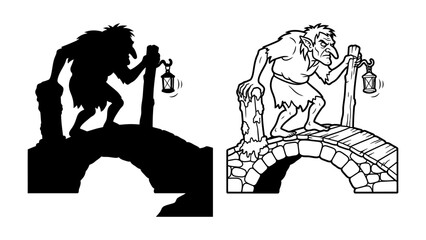 Troll on a Stone Bridge: An eerie troll with a menacing grin stands on a rustic stone bridge, holding a lantern, depicted in both detailed line art and stark silhouette. © Harun