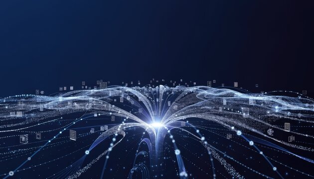 Digital network connecting data points glowing in abstract futuristic cyberspace.