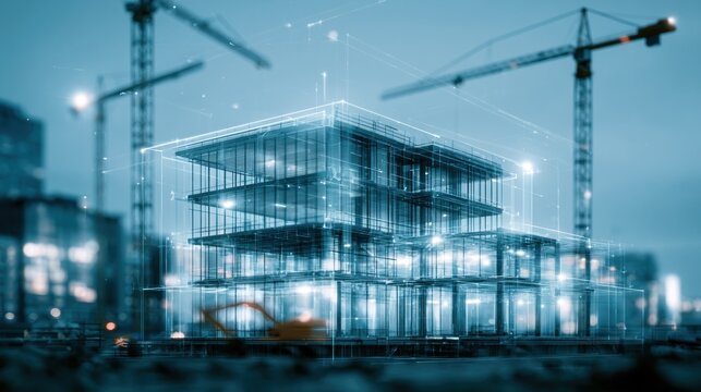 Modern building construction with cranes and blueprint overlay