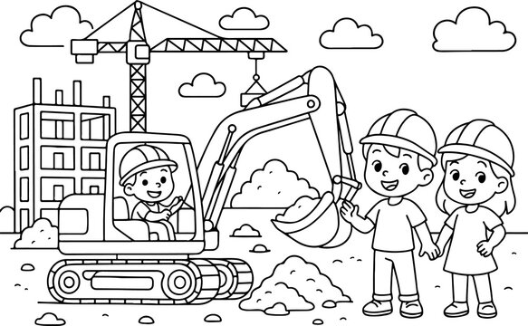 Baustellen-Cartoon-Umriss, handgezeichnete Strichzeichnung, Illustration, Doodle-Kunst, Malvorlage f&uuml;r Kinder