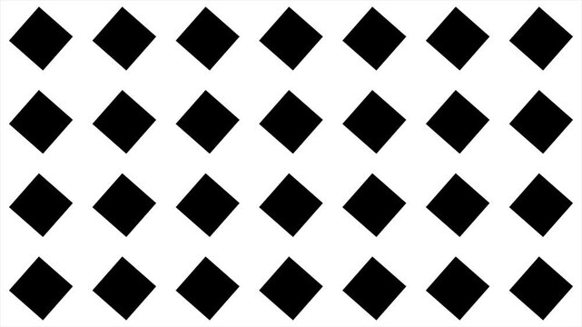 Geometric wipe transition animation loop featuring rotating and scaling white rectangles and squares transitioning from a solid black screen to a solid white screen and reversing back to black
