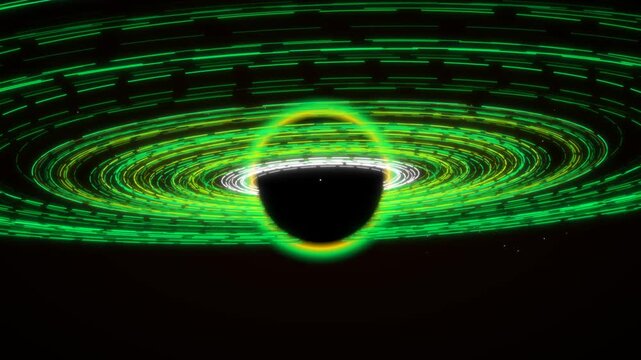 Abstract black hole event horizon, cosmic singularity, and gravitational pull. Green glowing accretion disk, space-time distortion, and astronomical phenomenon.