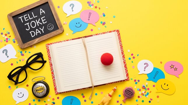 Tell a Joke Day Flat Lay with Joke Book Clown Nose and Speech Bubbles on Yellow Background