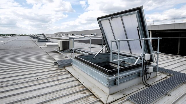 industrial warehouse roof smoke ventilation hatch supporting fire safety compliance and emergency smoke extraction systems