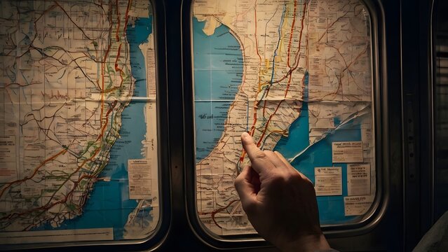 A hand pointing at a map on a train window with routes and destinations