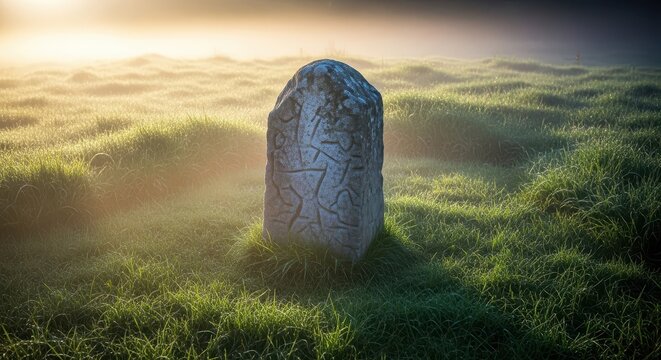 An ancient stone monument stands tall amidst overgrown green grass and soft morning mist in a quiet, forgotten historical burial ground, remembrance, quiet, exterior