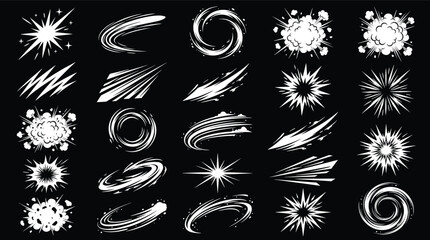 Comic Book Comic Style Blast Explosion Effects Set with Speed Lines Wind Trails Spark and Flash Vector Graphic Icons on Black Background © Md